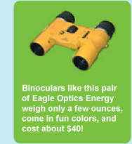 Graphic: Binoculars like this pairof Eagle Optics Energy weigh only a few ounces, come in fun colors, and cost about $40!